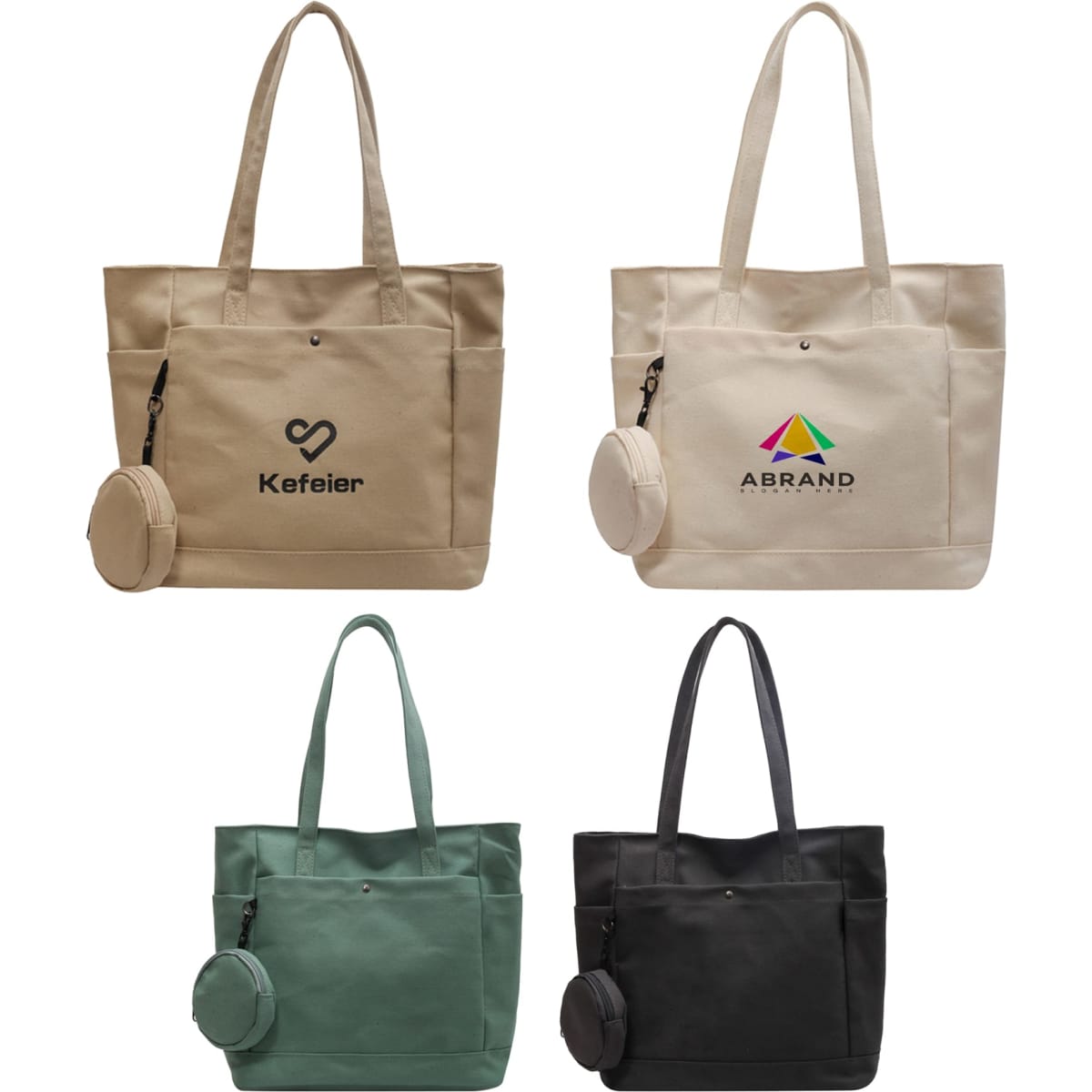 A casual canvas bag in beige, green, and black, featuring logos and a detachable round pouch.