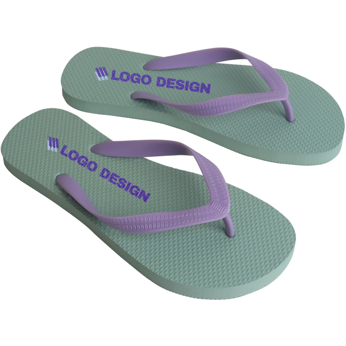 Rubber classic thongs in mint green and lavender, featuring a logo design on the straps.