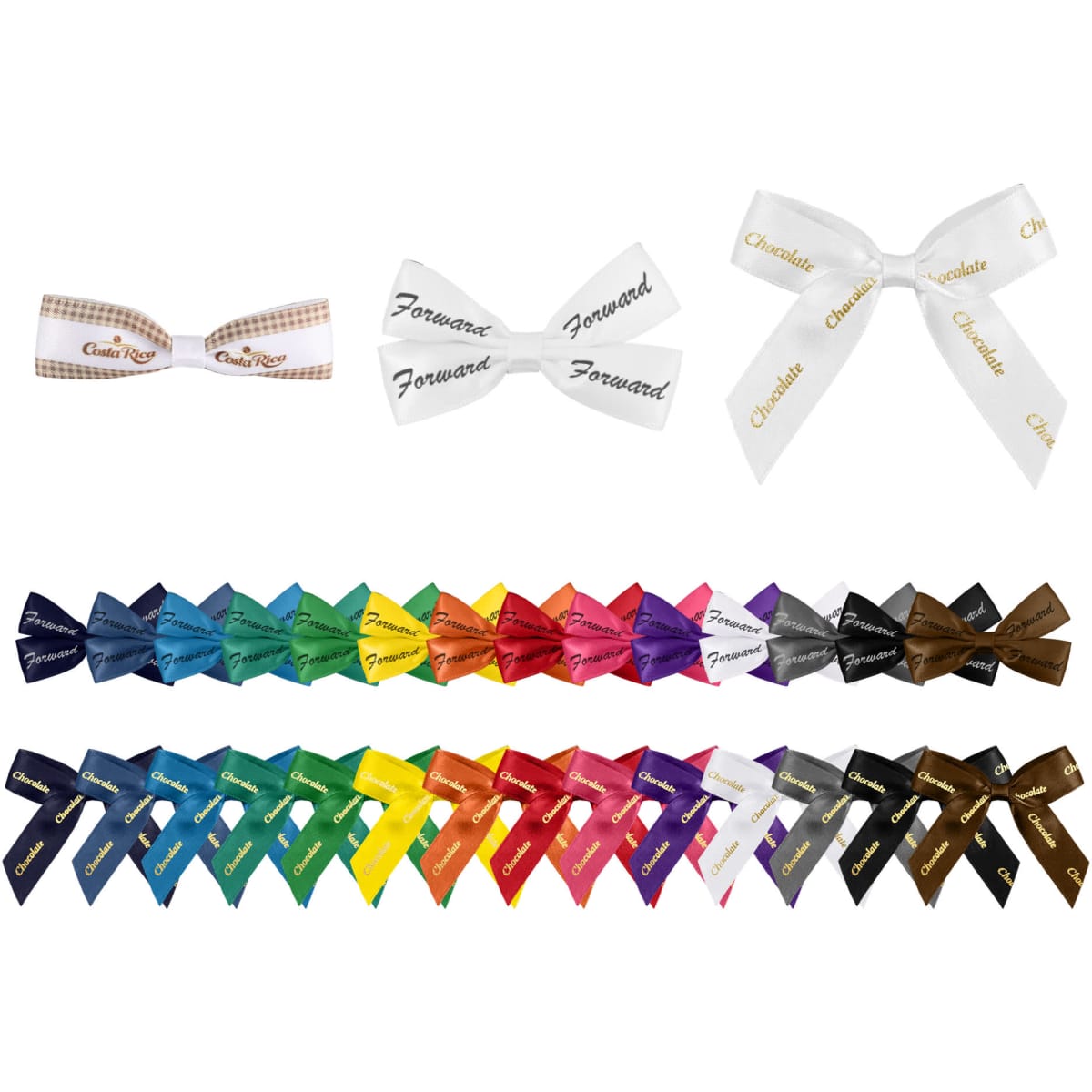 A variety of adhesive bows in multiple colours, including white, black, blue, and red, arranged in rows.