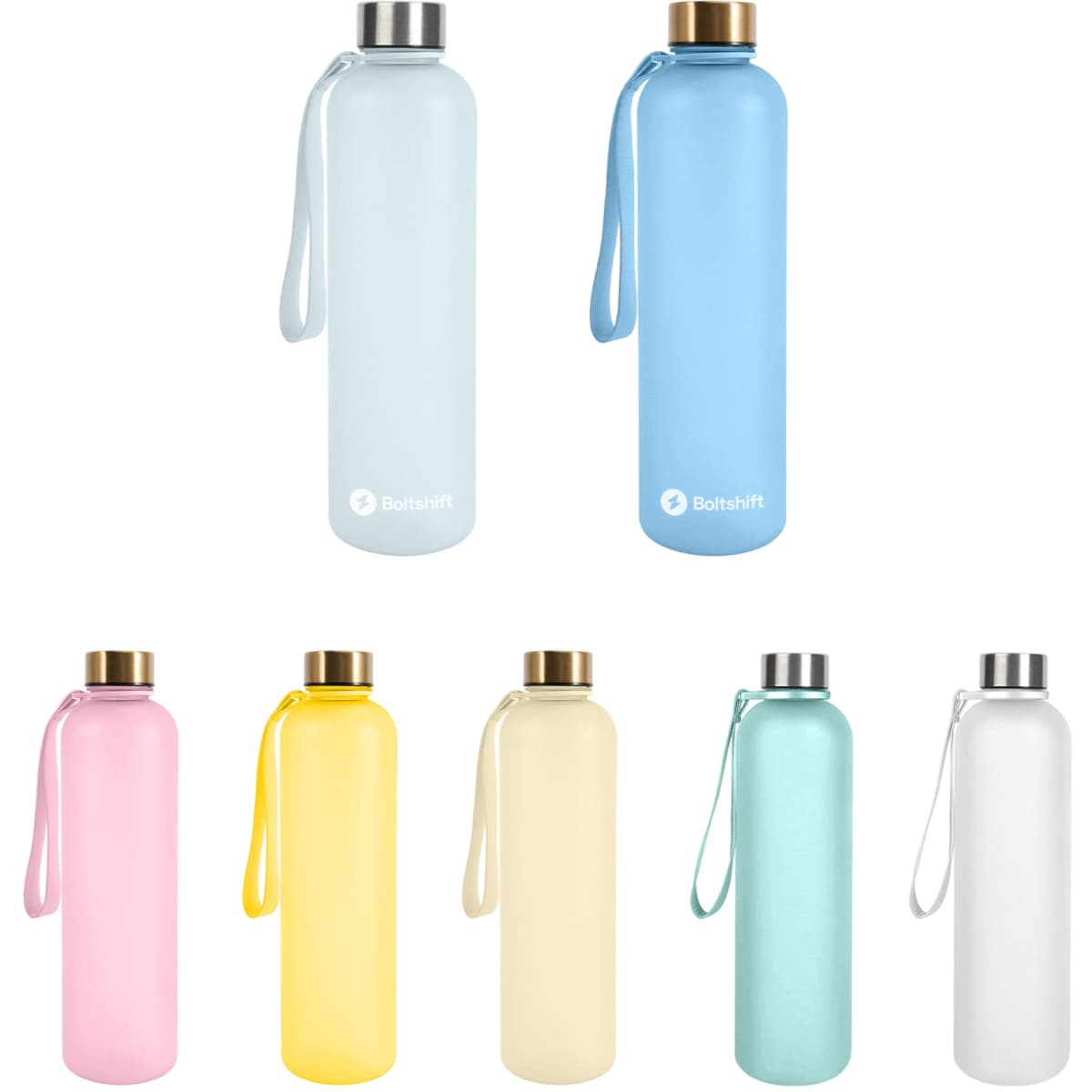 A drink bottle collection featuring pastel colours: pink, yellow, blue, green, and white, with a logo and strap.