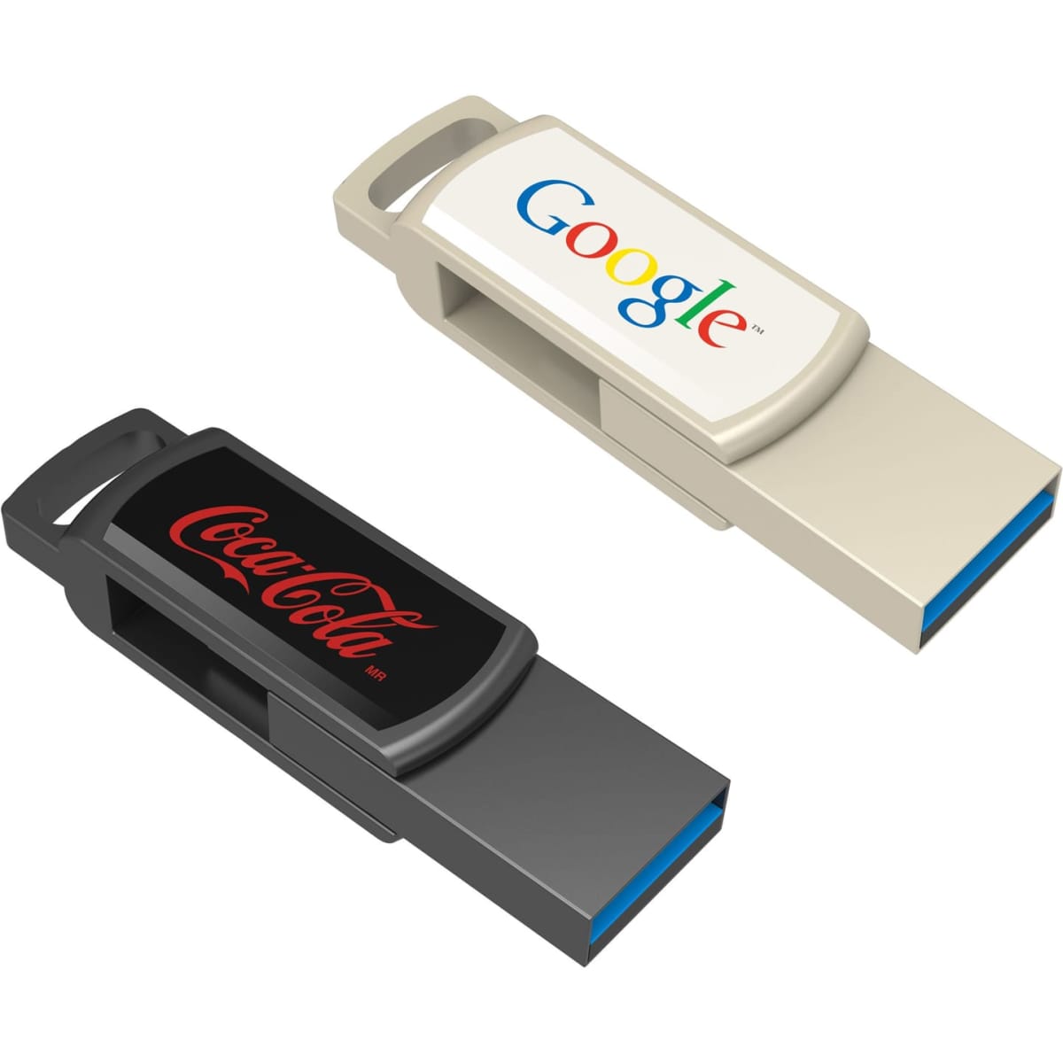 Two promotional flash drives, one in beige with a logo and the other in black with a different logo, featuring blue accents.