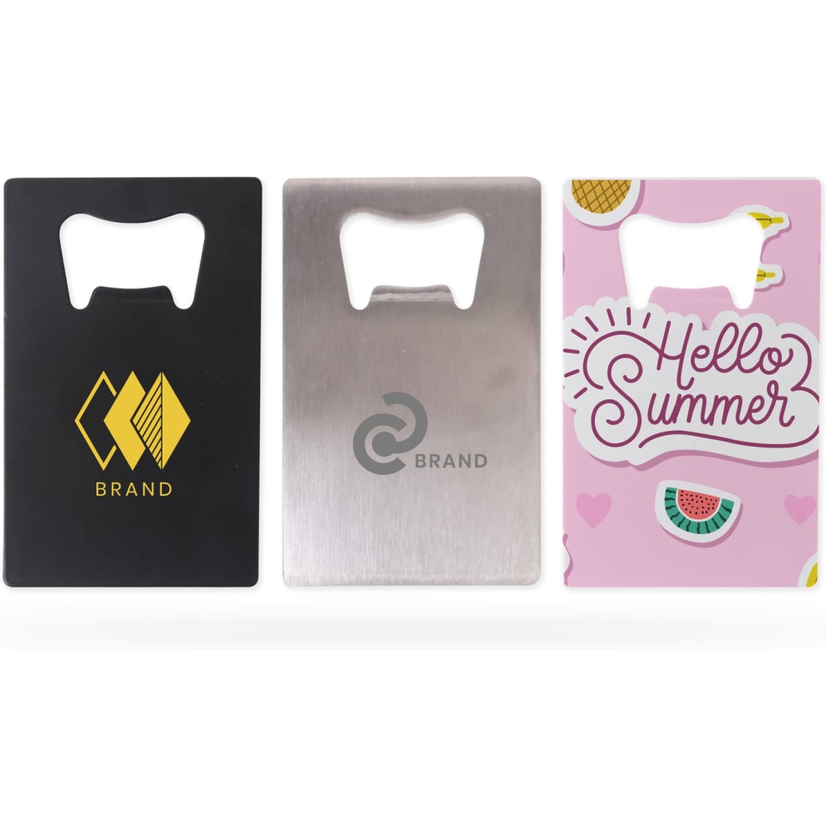 A drink bottle opener shaped like a card, featuring black, silver, and pink designs, with logos on some.