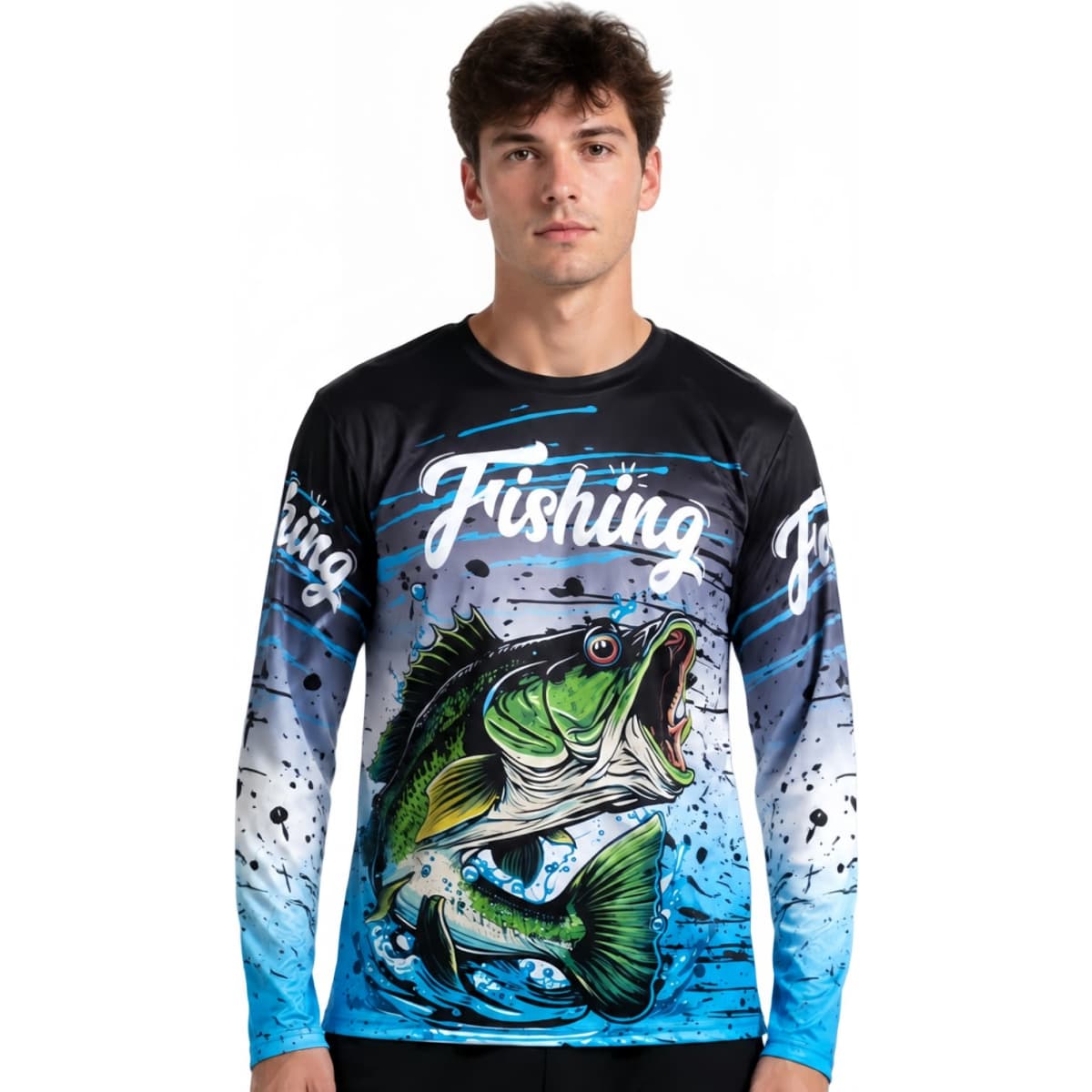 A long-sleeved fishing shirt featuring a graphic of a fish with blue and black gradient designs. The shirt has a logo.