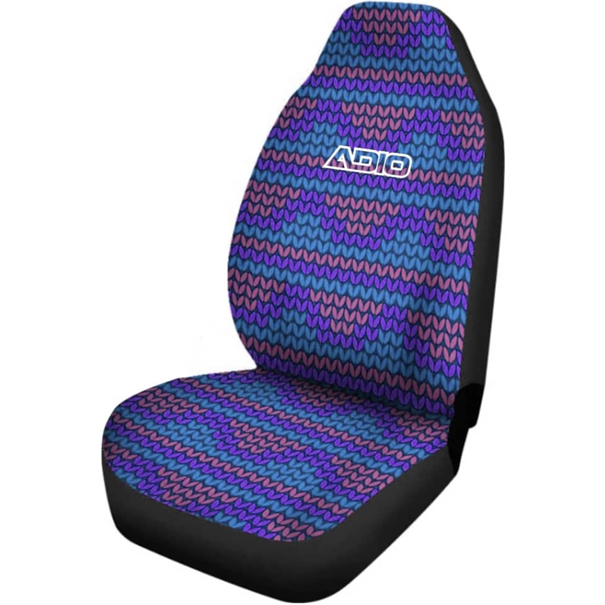 A car seat cover featuring a vibrant pattern of purple and blue zigzags, with black sides and a logo.