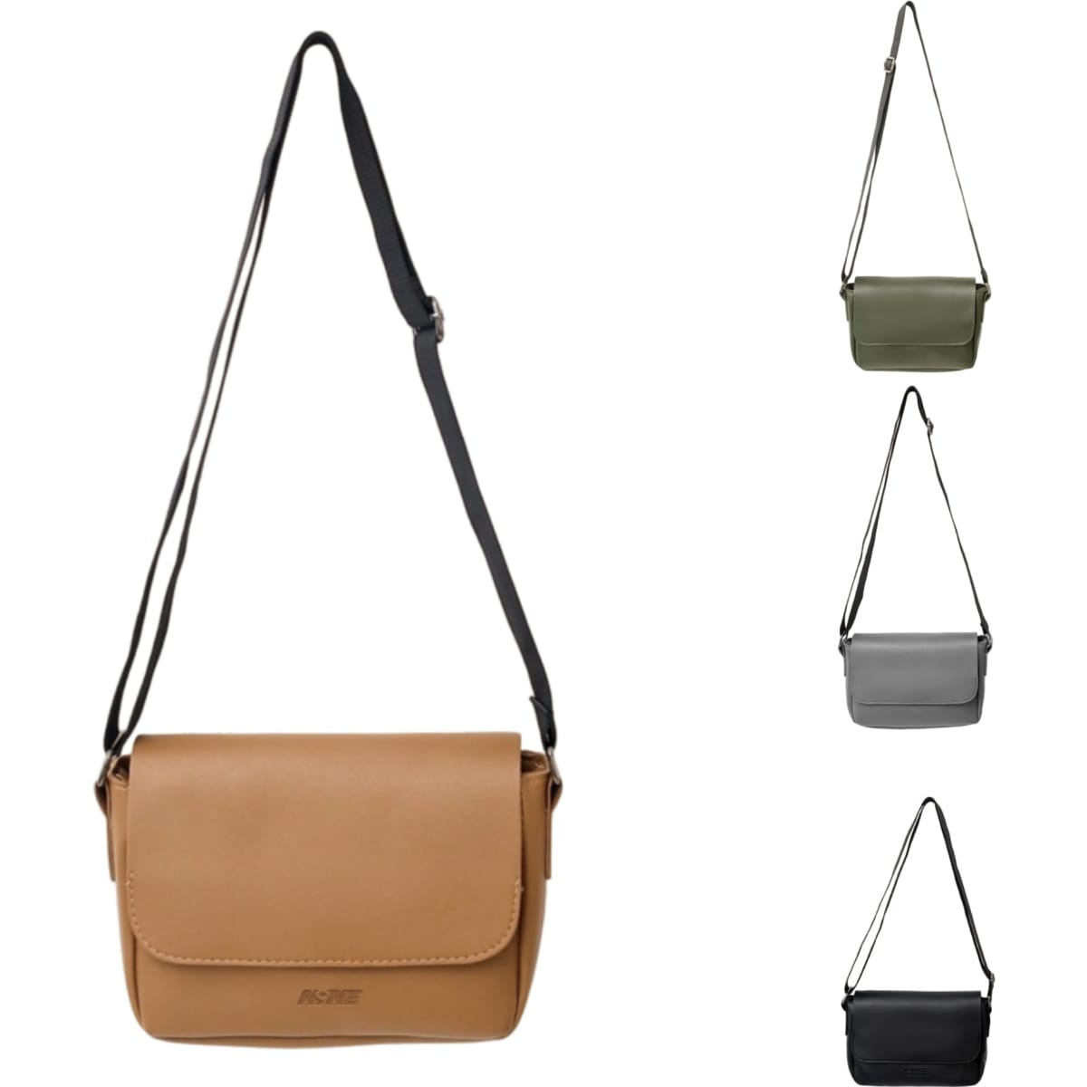 Polyurethane shoulder bag in tan with a black strap, alongside grey, olive, and black versions. Features a logo.