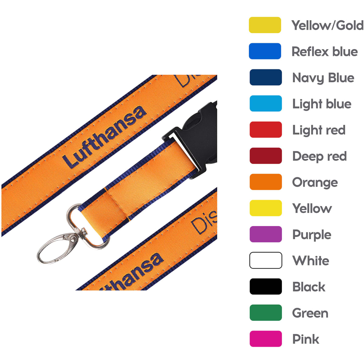 A detailed woven lanyard in orange and navy, featuring a metal clip and a logo.