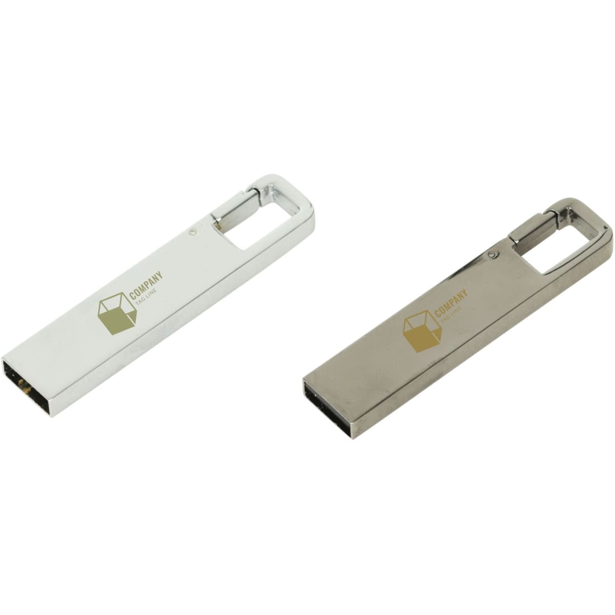 Two metallic flash drives in silver and chrome finish, featuring a logo on one side.