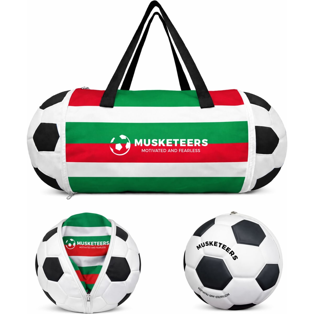 A foldable duffel bag designed to resemble a soccer ball, featuring green, white, and red stripes, with a logo.