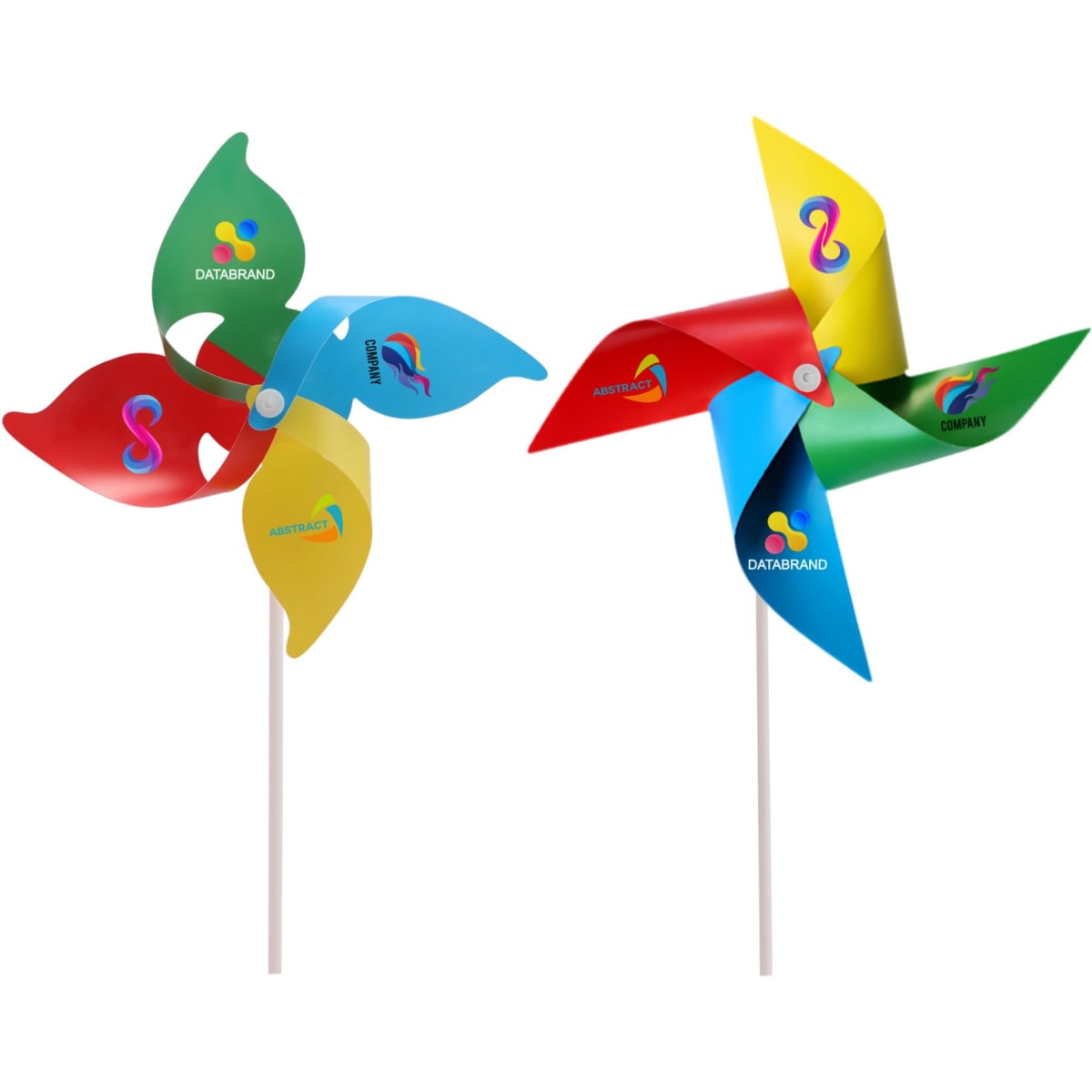 A colourful four-leaf pinwheel featuring red, yellow, green, and blue blades, attached to a white stick, with a logo.