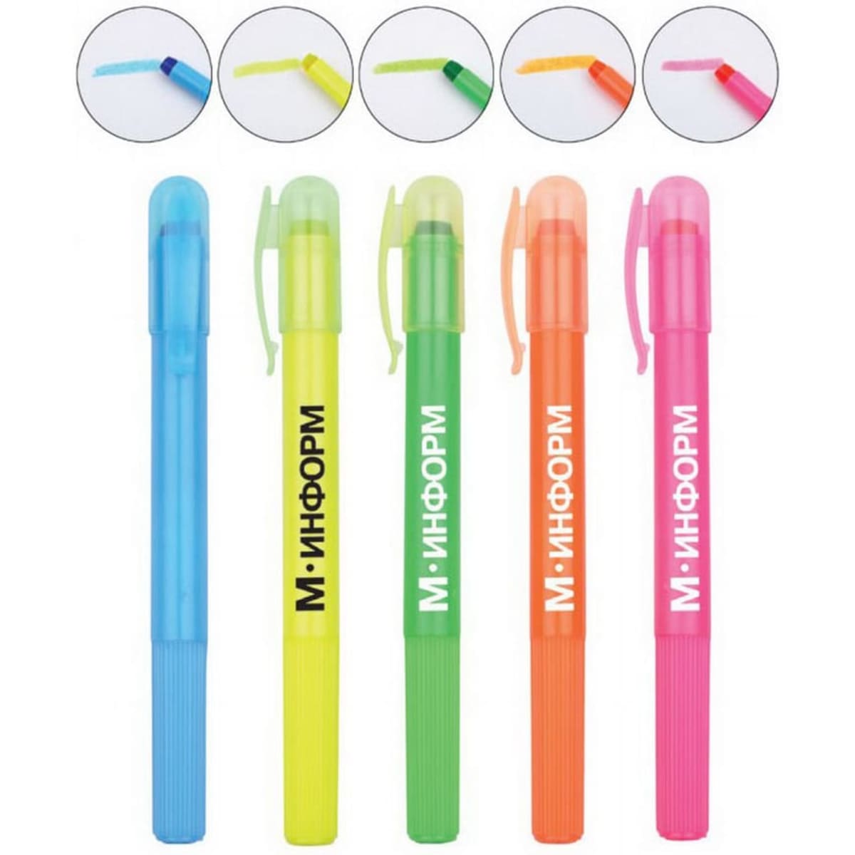 A set of five Highlighter Crayons in blue, green, yellow, orange, and pink, featuring a logo on the barrel.