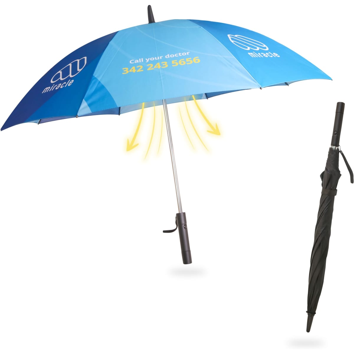 A blue and black umbrella features a fan and a logo, designed for promotional purposes.