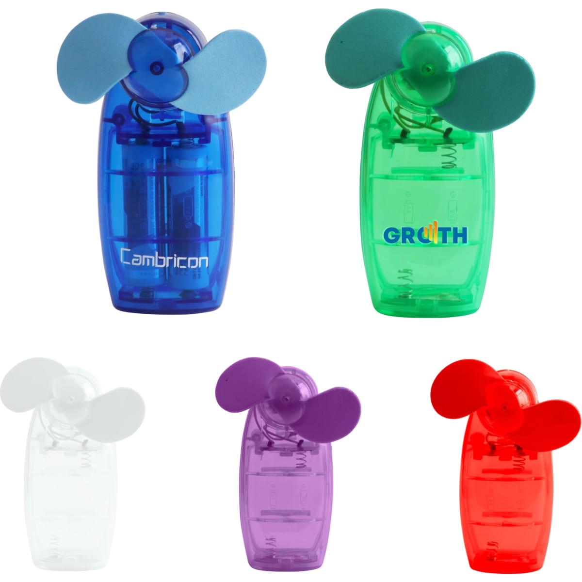A collection of small, handheld fans in blue, green, white, purple, and red, featuring a logo on the green fan.