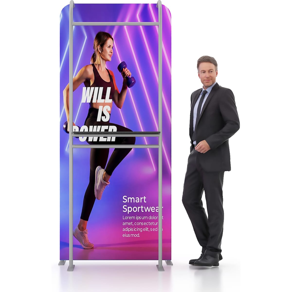 A promotional banner stand featuring a model in athletic wear, with a vibrant purple background and a logo at the top.