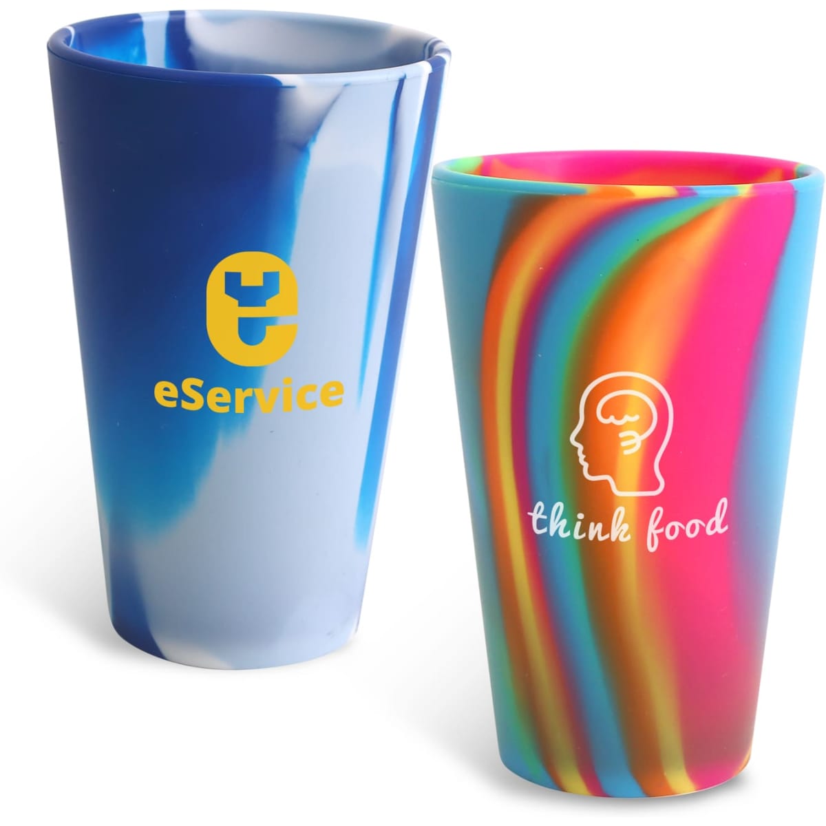 Two custom silicone cups, one blue and white, the other multicoloured with designs and logos.