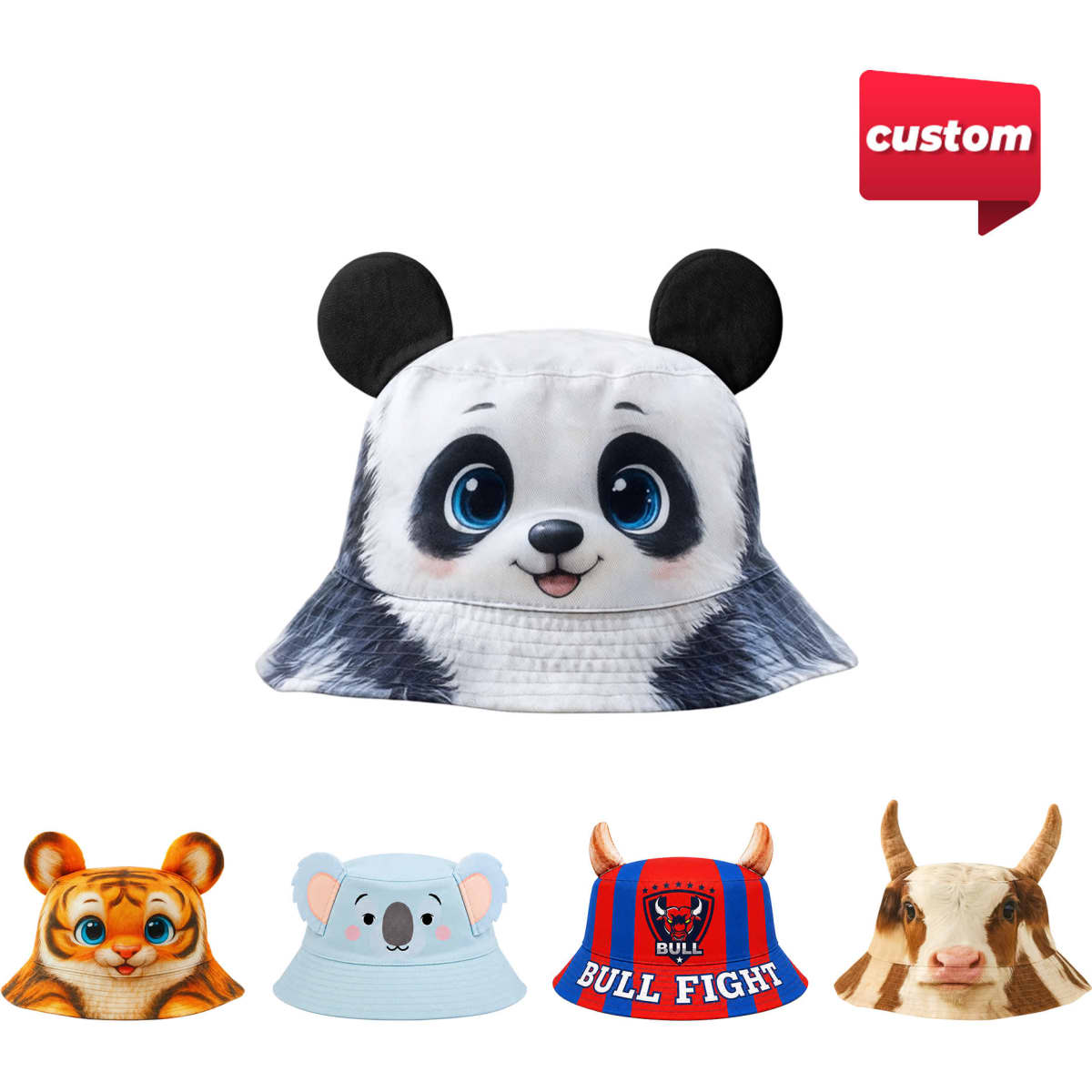 A panda-themed bucket hat with animal ears, featuring a cartoonish design in black, white, and grey.