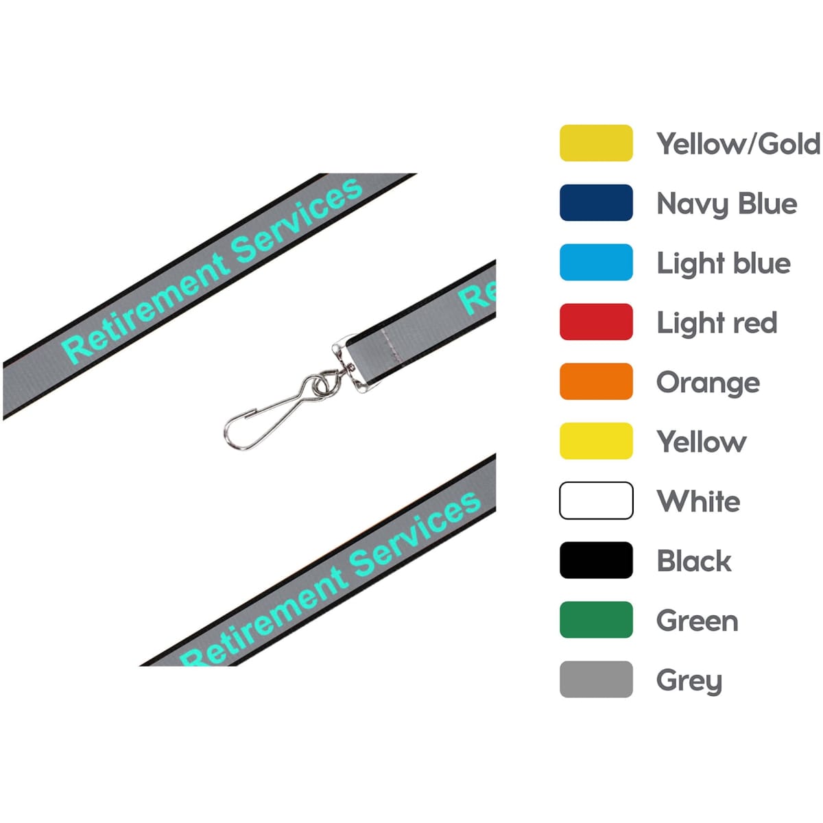 A safety lanyard in various colours, featuring a clip and a logo, designed for exhibitions and events.