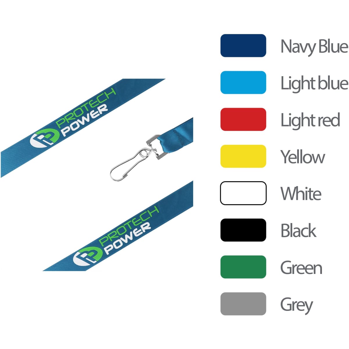 A navy blue satin lanyard with a clip, featuring a logo. Other colour options include light blue, light red, yellow, white, black, green, and grey.