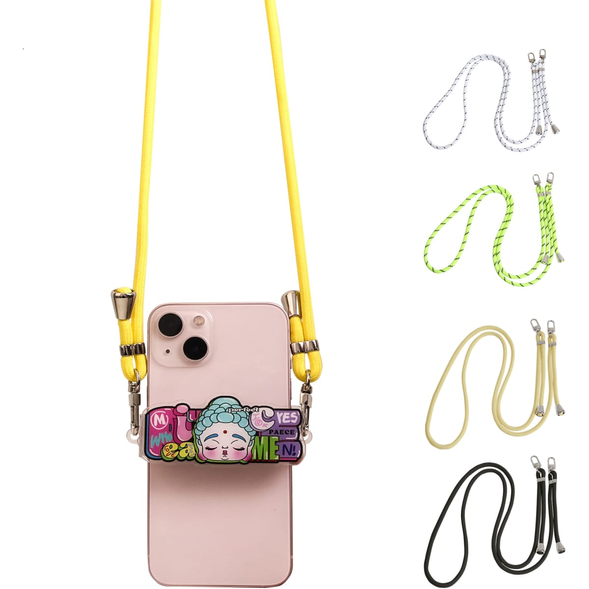 An adjustable phone lanyard with a back clip, featuring a yellow strap and various coloured accessories.