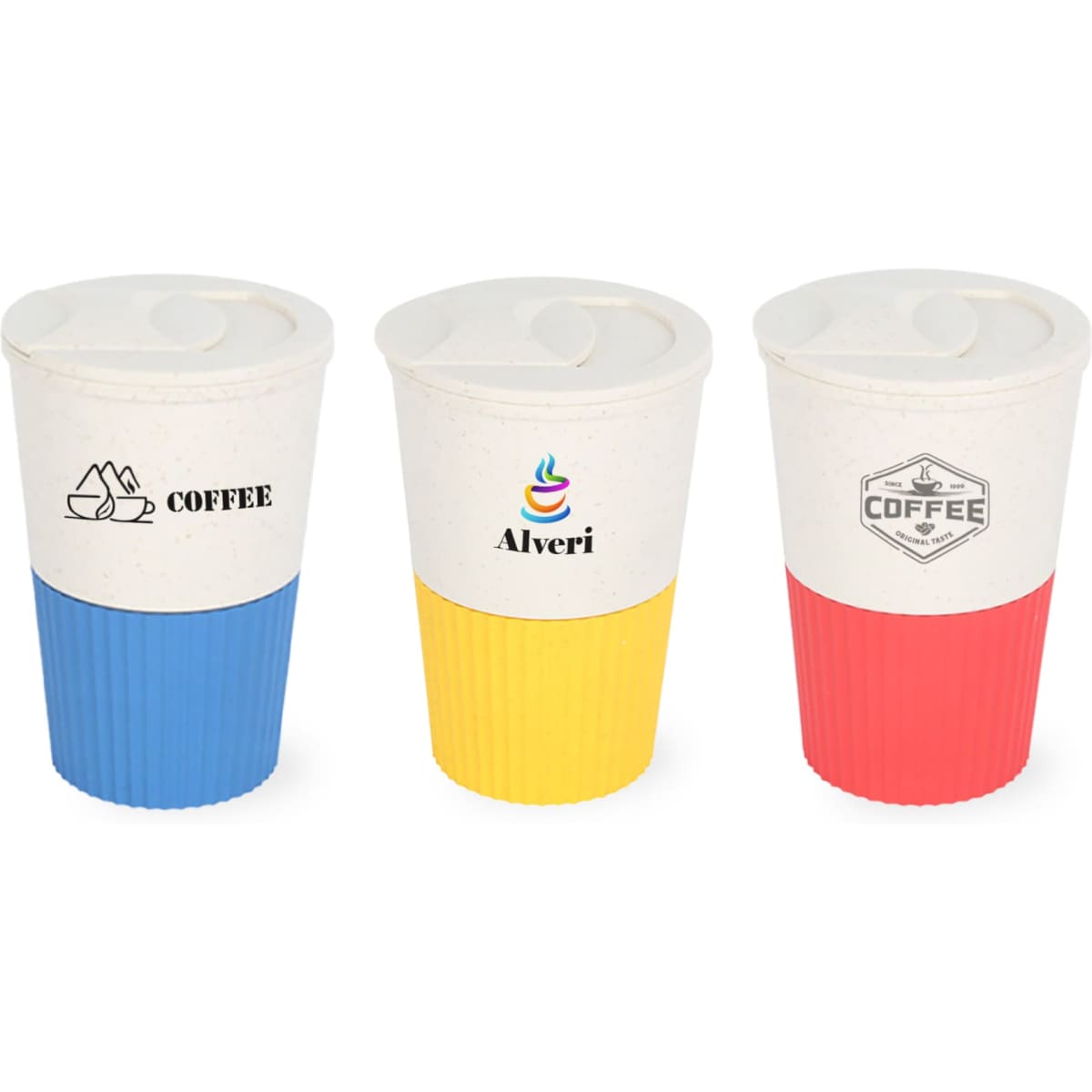 A drink bottle with a lid, featuring three designs in blue, yellow, and red, made from wheat straw material.
