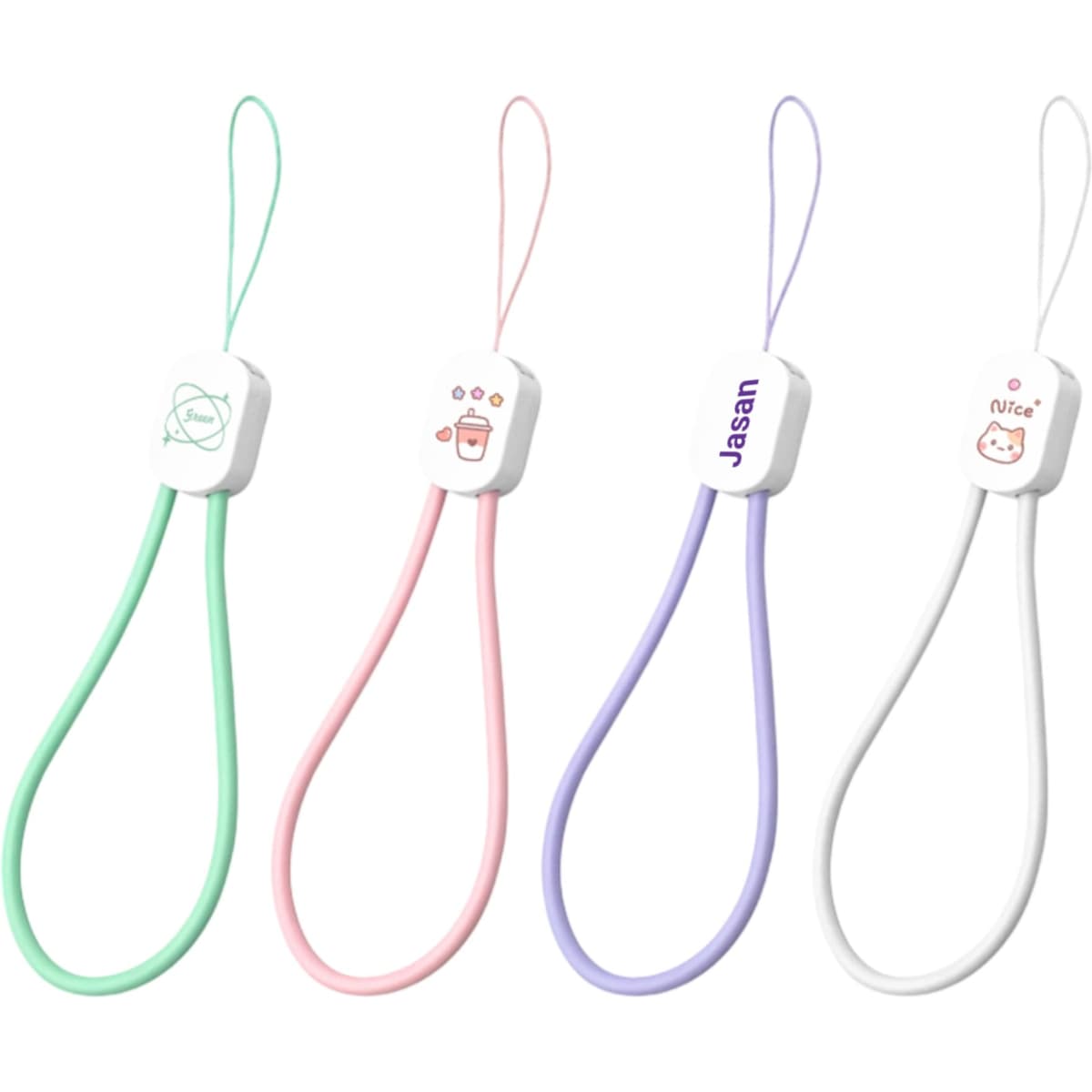 A set of four charging phone straps in green, pink, purple, and white, each with a different design and a logo.