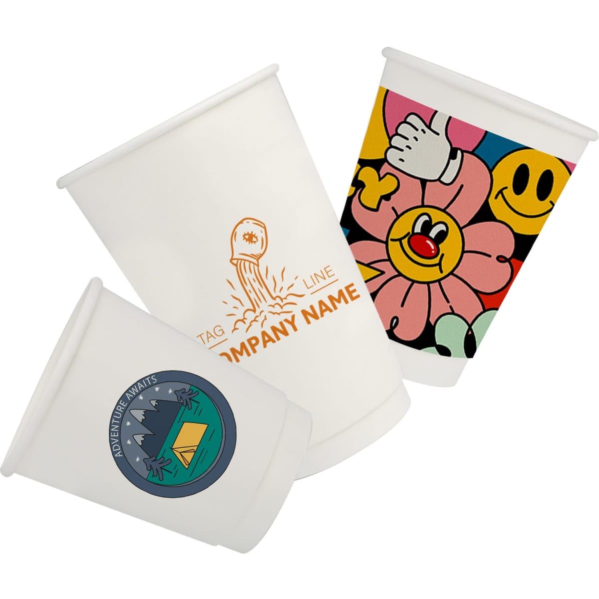 Custom disposable double wall paper cups in white, featuring colourful designs and a logo on one cup.