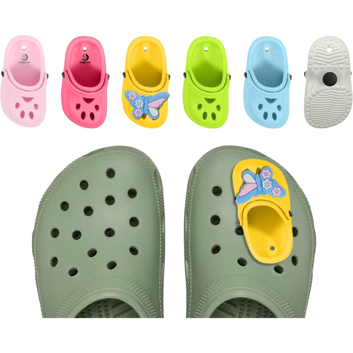 A pair of green clogs with butterfly charms, alongside charms in pink, yellow, blue, and green.