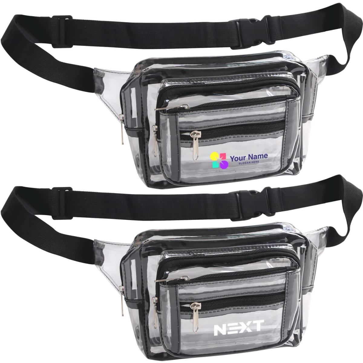 A transparent multi-layer waist bag with black accents and multiple zippered compartments. It features a logo.