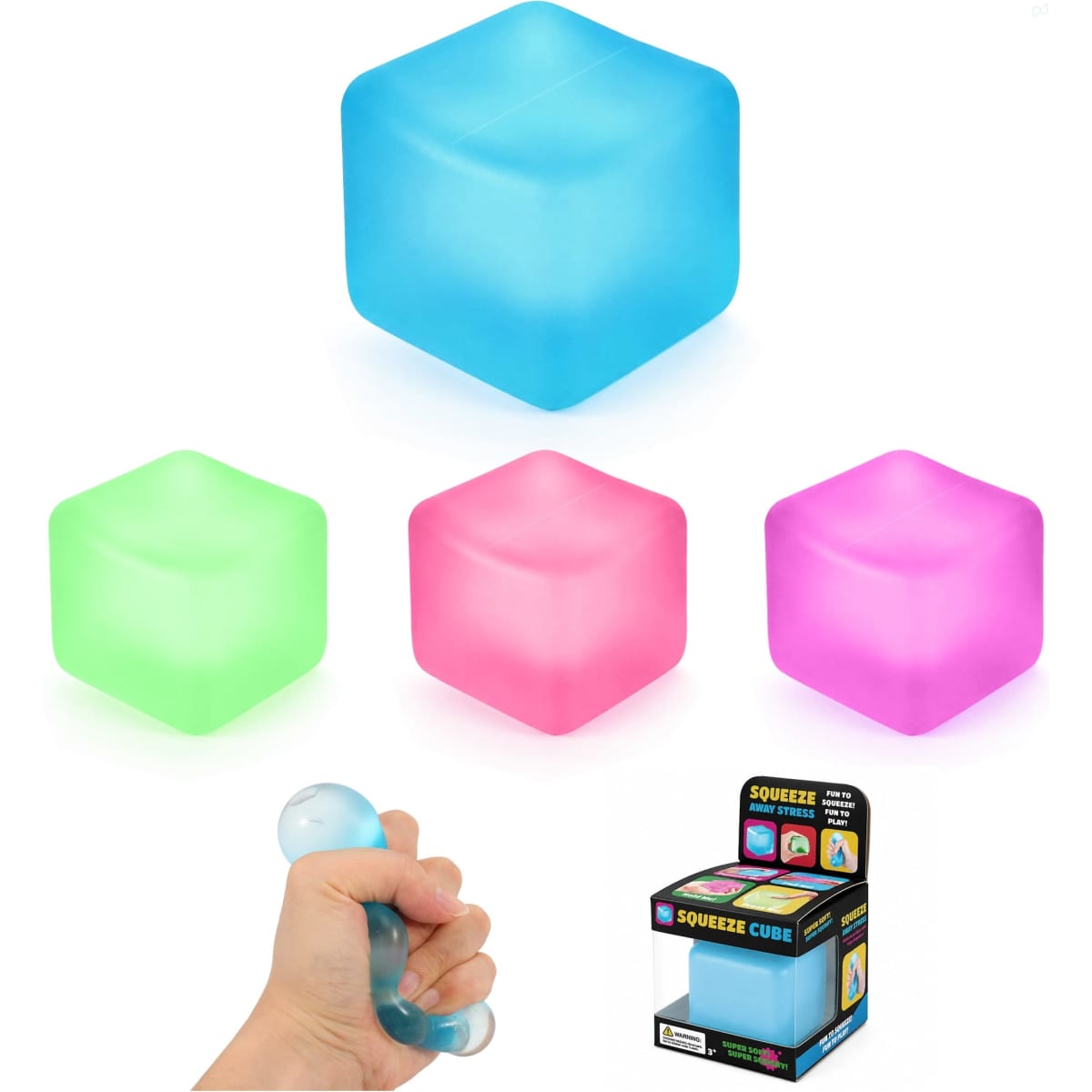 A set of squishy stress relief cubes in blue, green, pink, and purple, alongside a hand squeezing a similar cube.