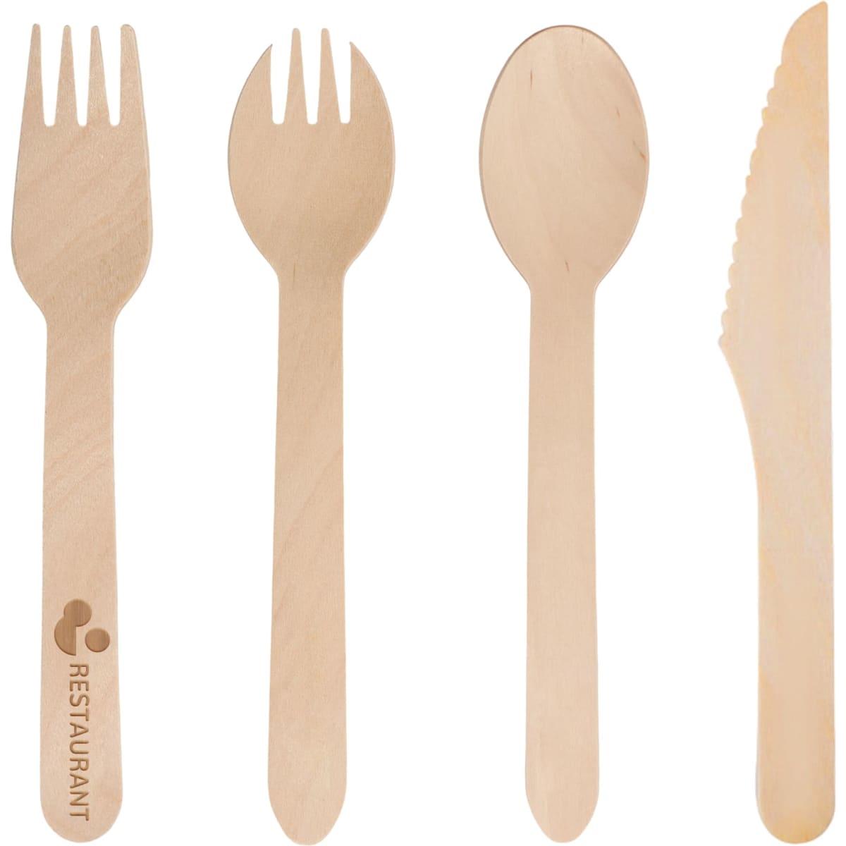 A set of wooden cutlery including forks, spoons, and knives, all in a natural wood colour. The cutlery features a logo.