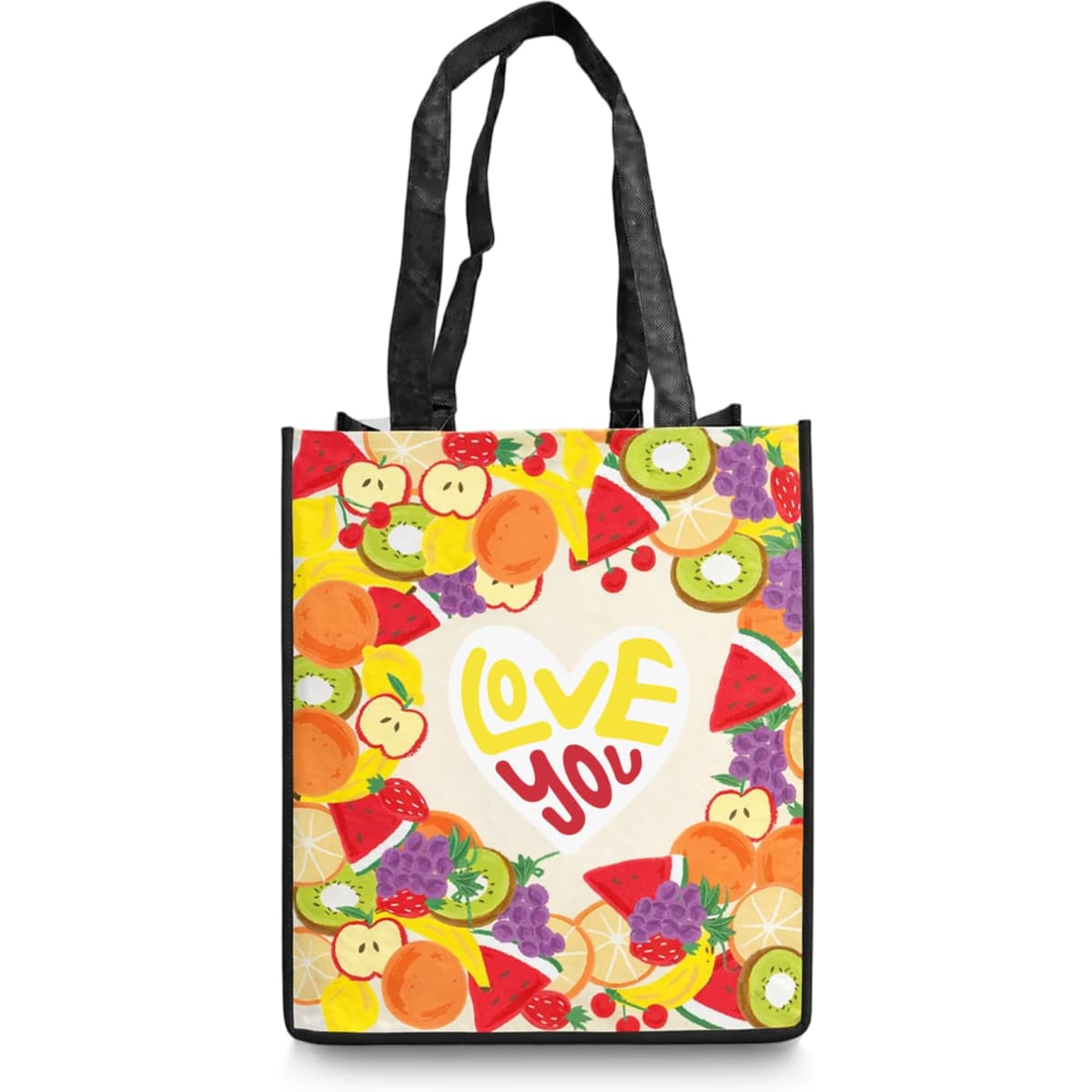 A custom tote bag featuring a vibrant fruit pattern in various colours, with black handles and a logo on the side.