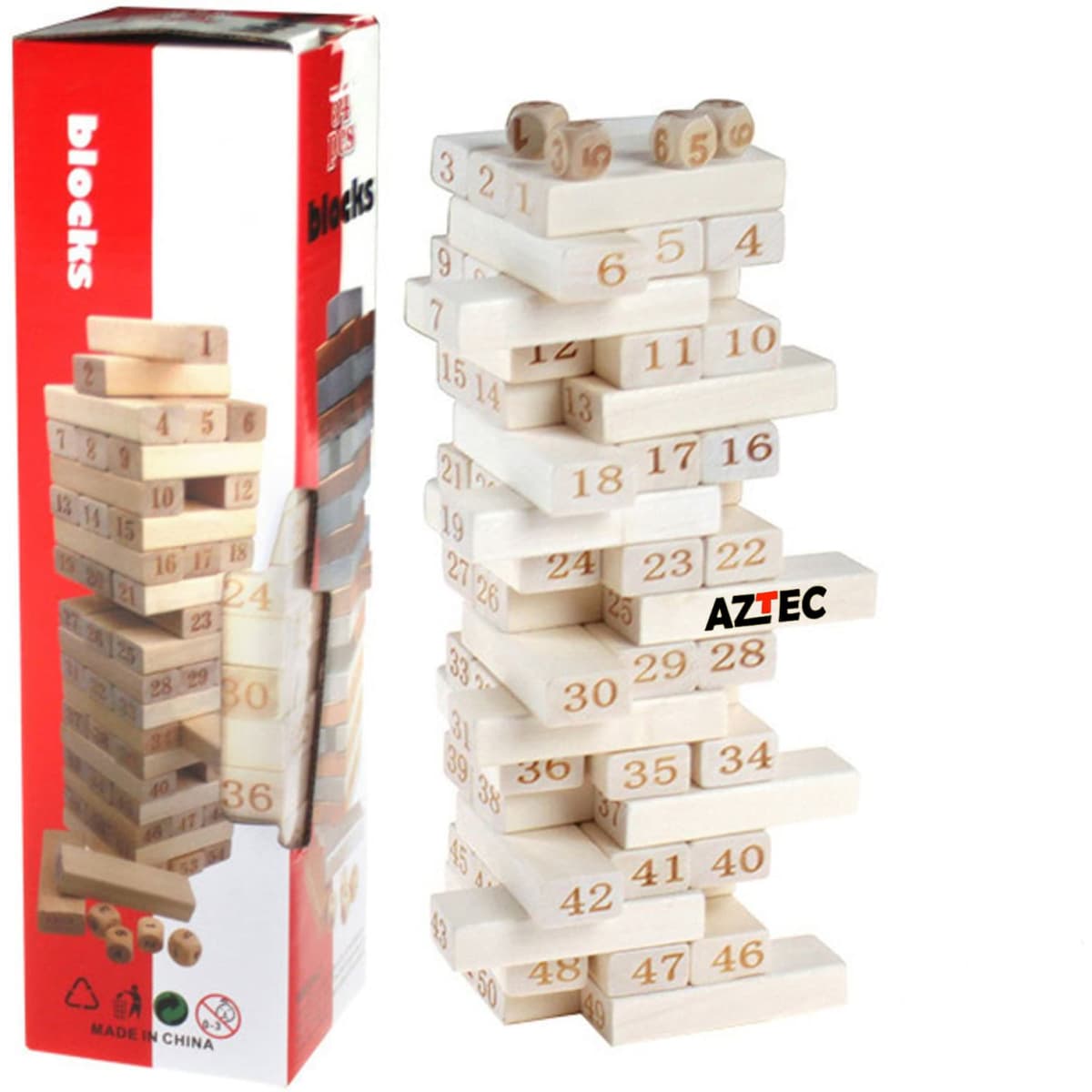 A wooden block tower game with numbered blocks in a stacked configuration, featuring a colourful box with branding.