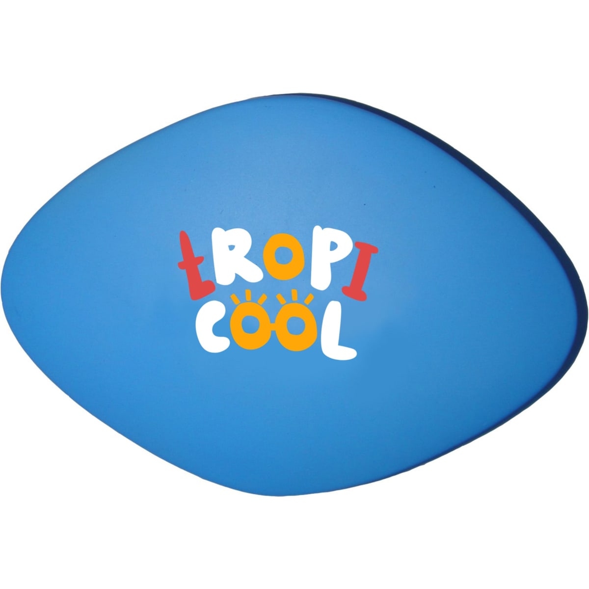A blue tablet-shaped stress reliever with a logo printed in colourful letters.