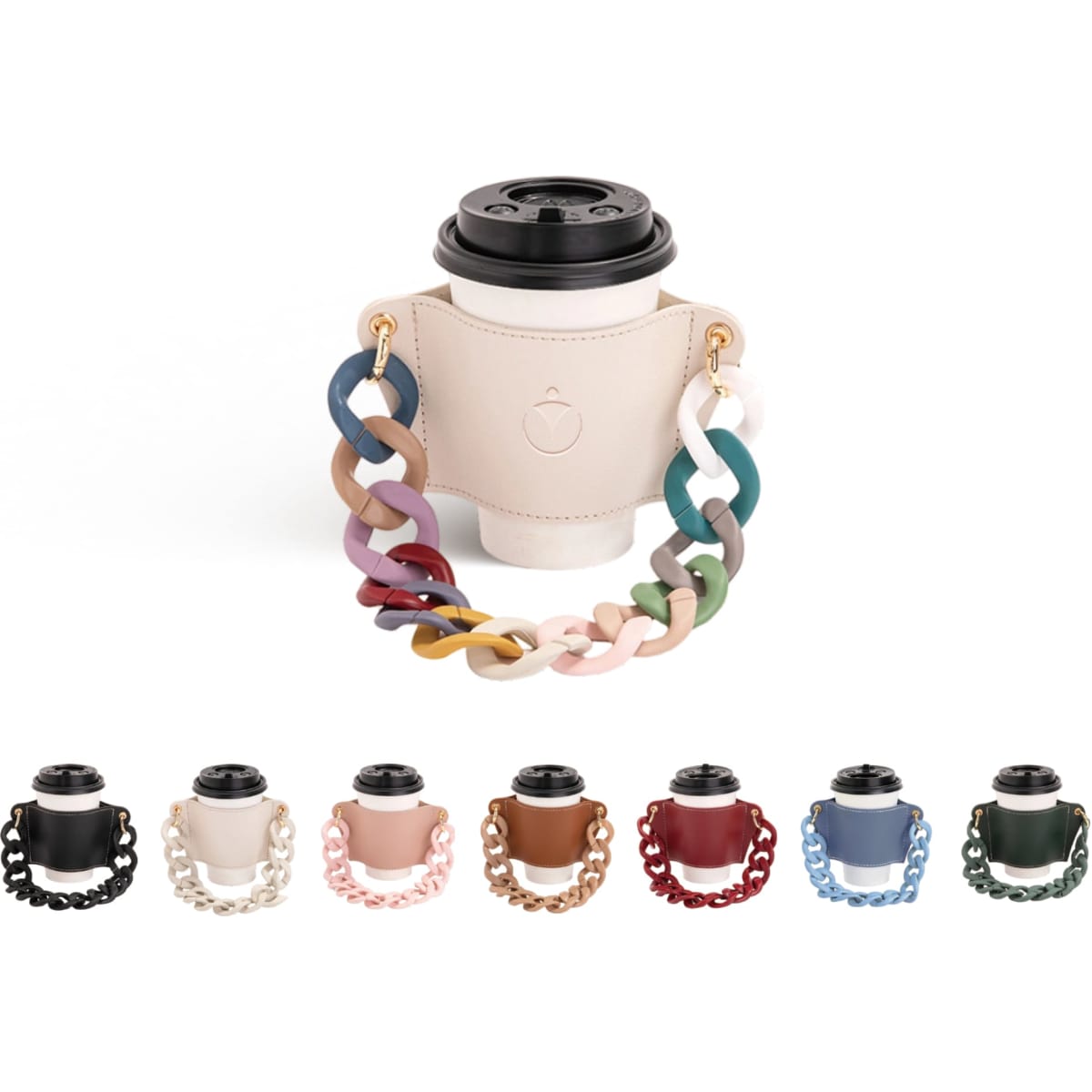 A drink bottle holder in a soft beige leather with a colourful acrylic strap, featuring a drink holder design.