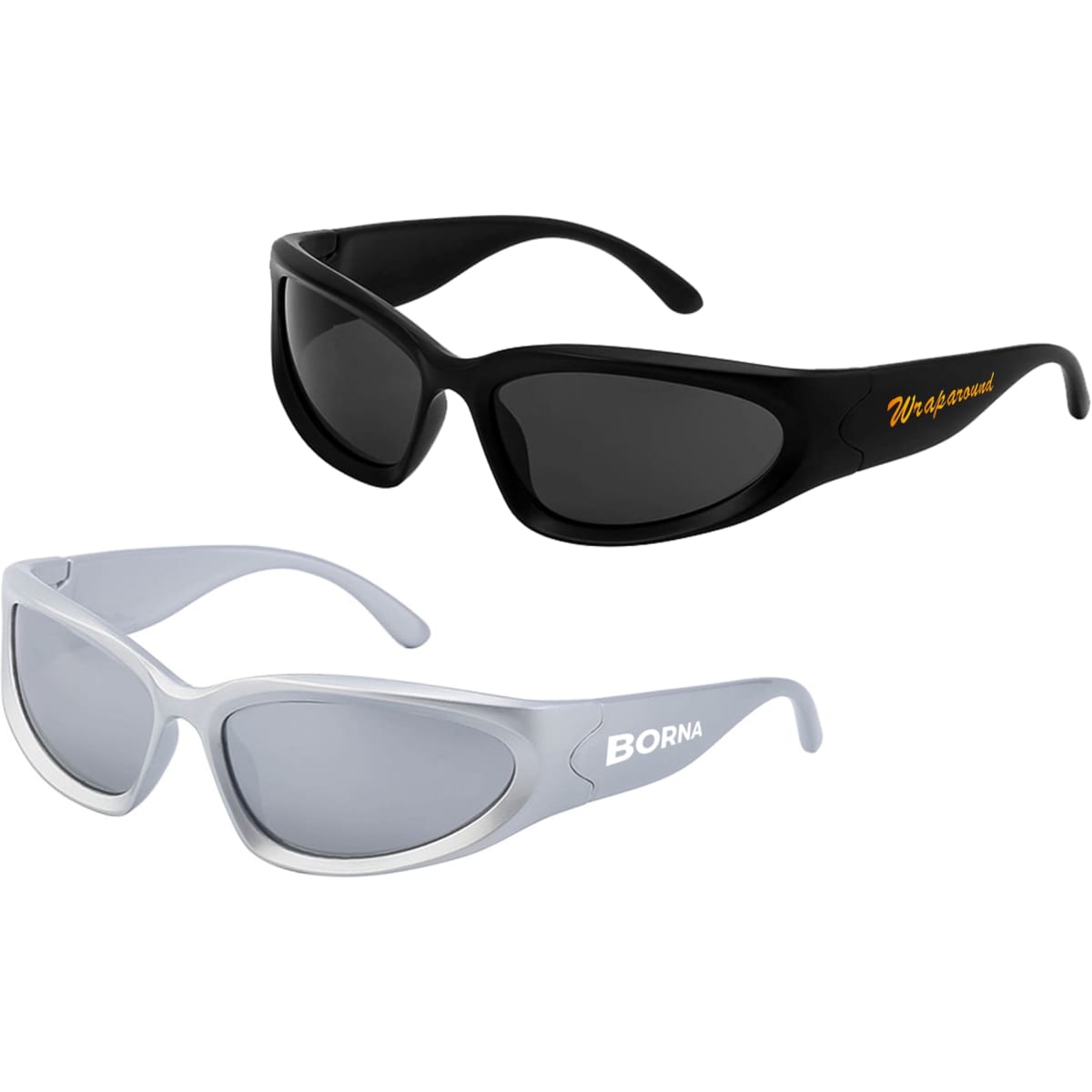 Two pairs of wraparound sunglasses, one in black with branding and the other in grey with white detailing.