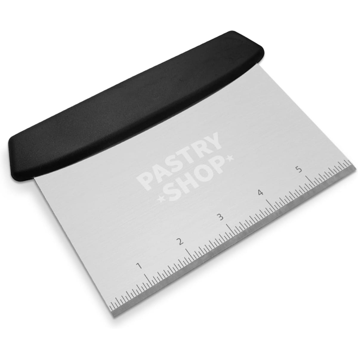 A bench scraper with a black plastic handle and a stainless steel blade, featuring a measurement scale.