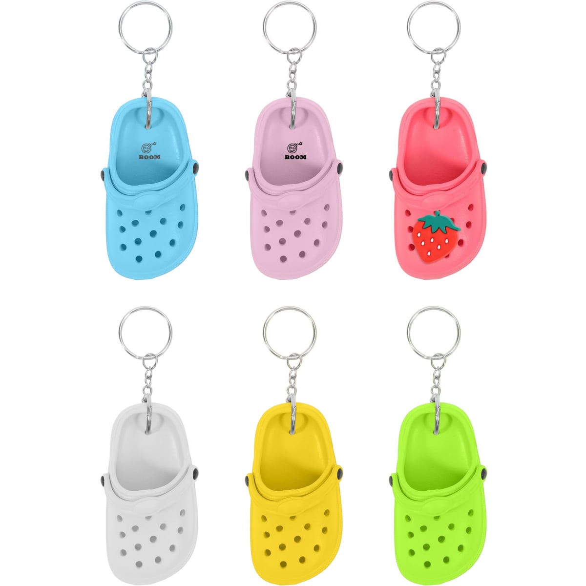 A collection of six classic clog shoe keyrings in blue, pink, white, yellow, and green, featuring a strawberry design.