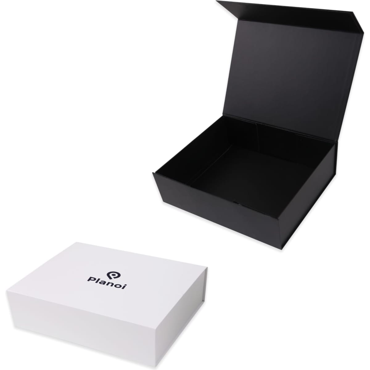 A black foldable magnetic box is partially open beside a white box with a logo. Both are designed for packaging.