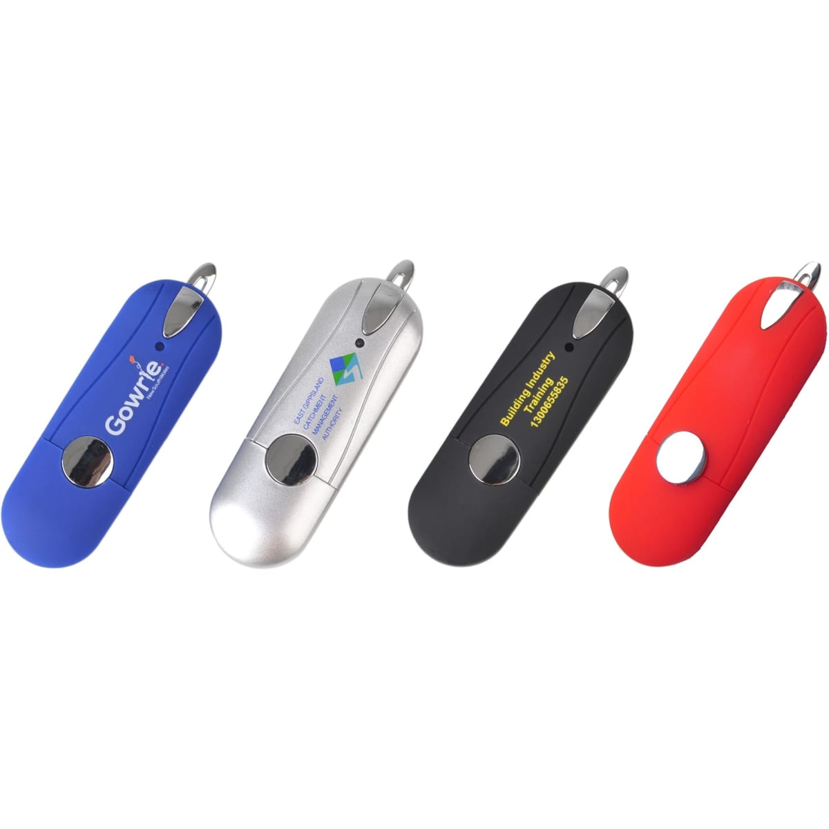 A collection of four flash drives in blue, silver, black, and red, featuring branding on each drive.