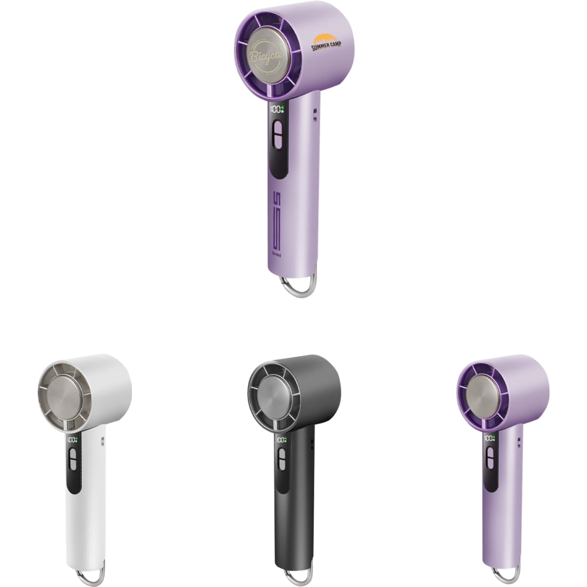 A high-speed cooling fan in white, black, and two shades of purple, each featuring a logo.