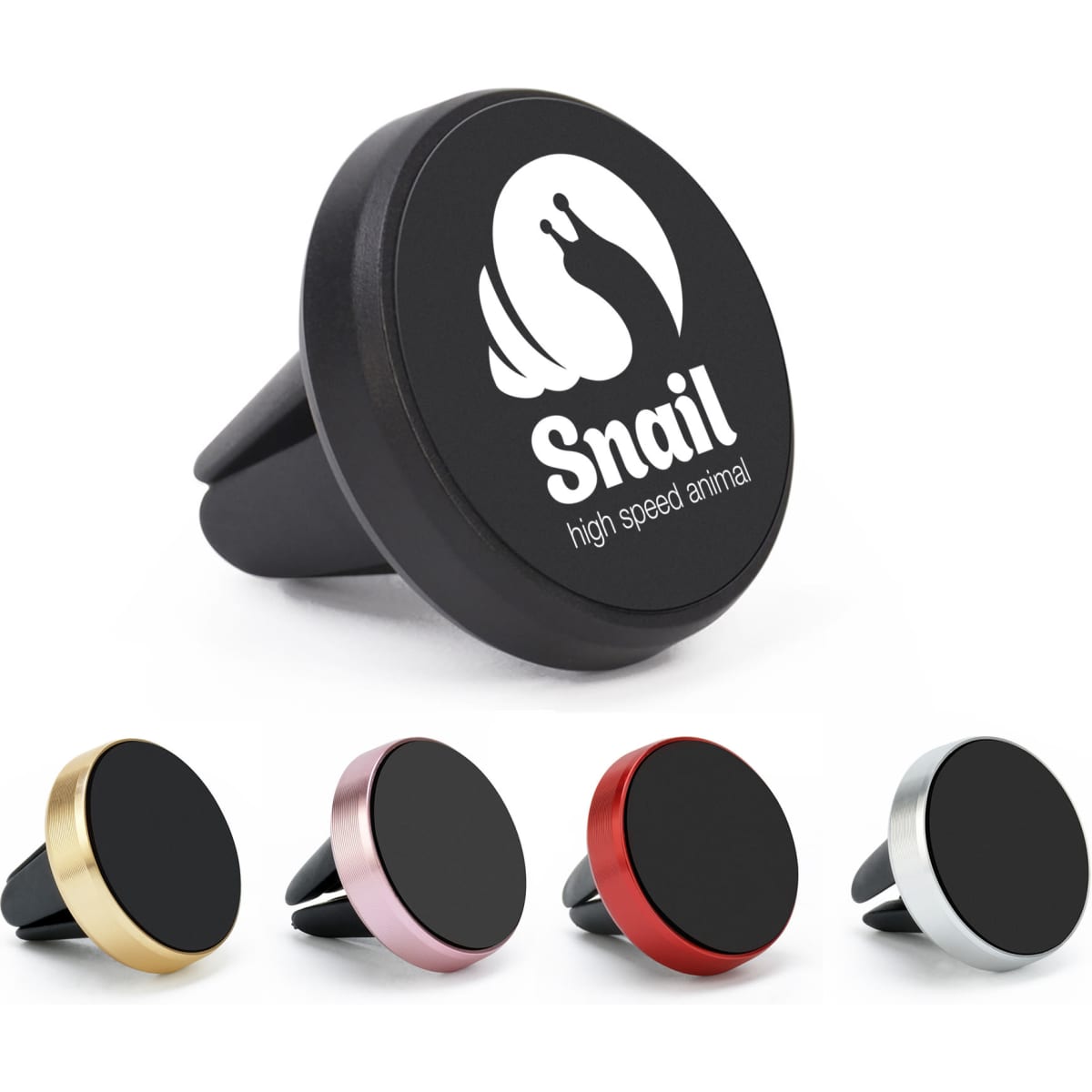 A clip-on car phone holder in black, with four additional holders in gold, pink, red, and silver. Each has a logo.