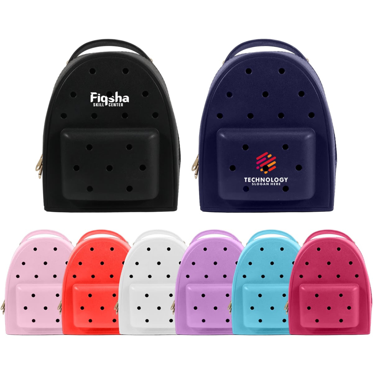 A collection of EVA Holes Backpacks in black, navy, pink, white, and purple, featuring a logo on each.