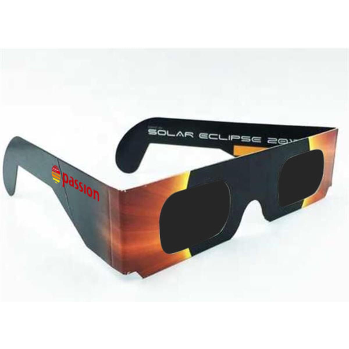 Custom solar eclipse glasses in black with a vibrant orange and yellow design, featuring a logo on the side.