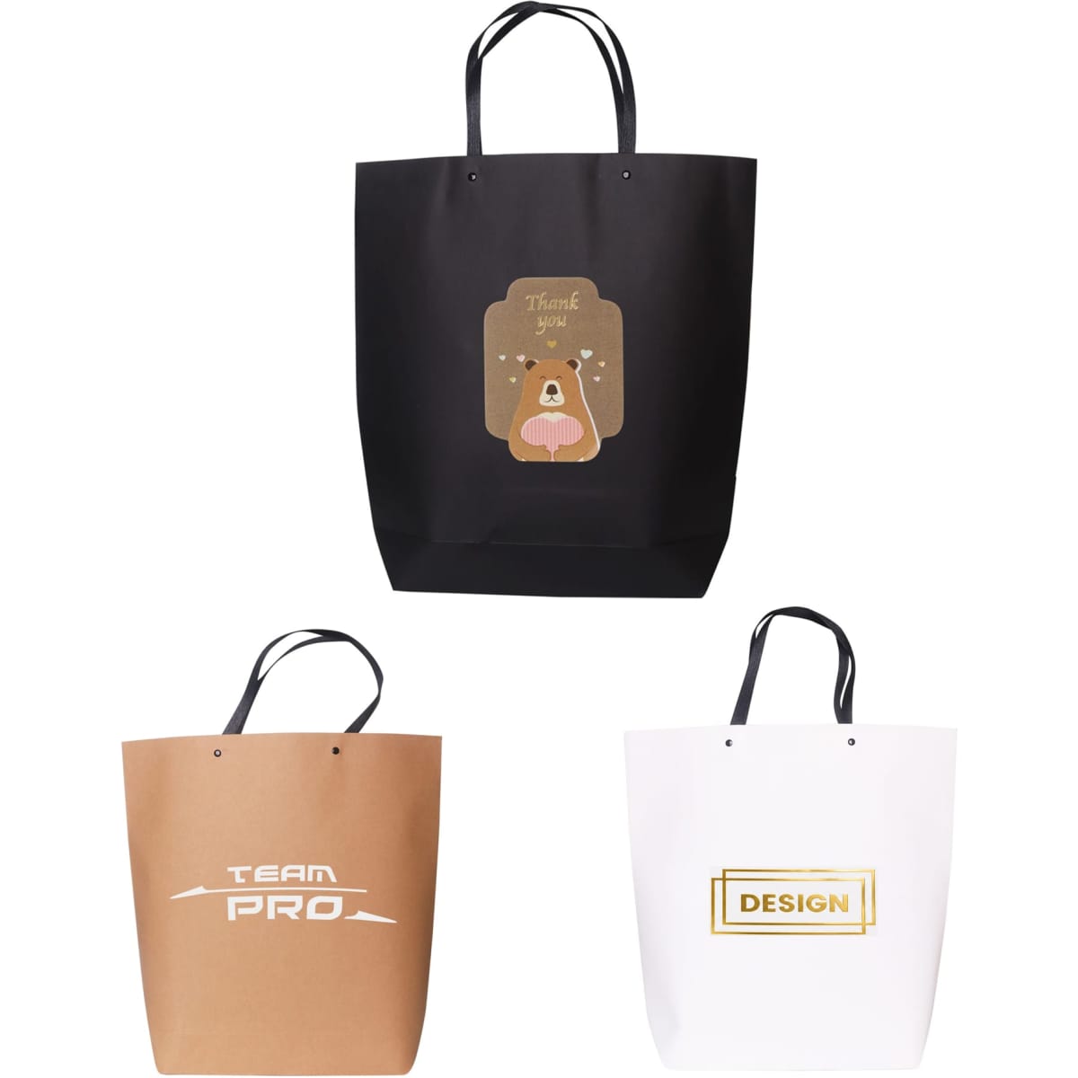 Three large boutique paper bags in black, brown, and white, each with unique designs and handles.