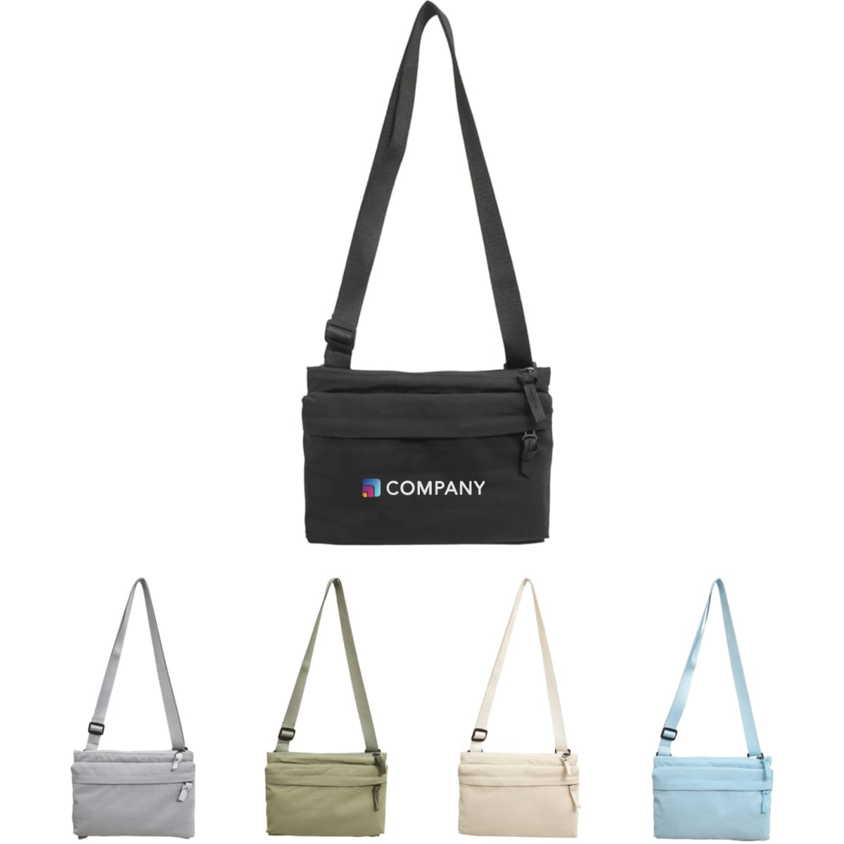 A lightweight crossbody bag in black, along with versions in grey, green, beige, and blue. Each has an adjustable strap.