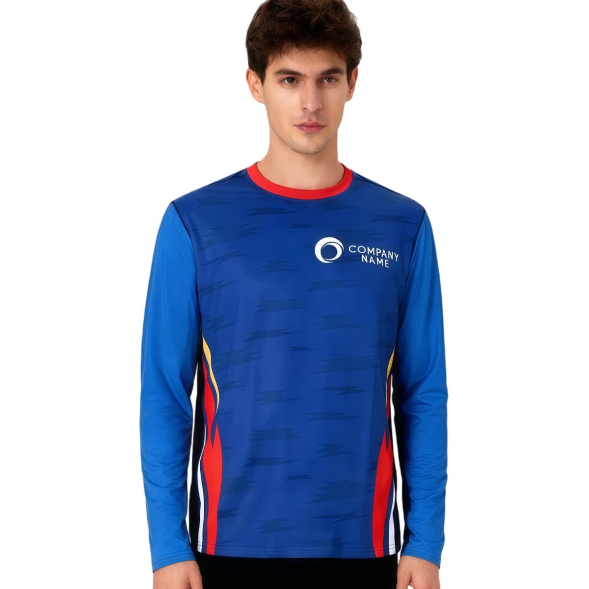 A men's long-sleeved T-shirt in blue, featuring red accents and a logo on the chest. Made from polyester and spandex.