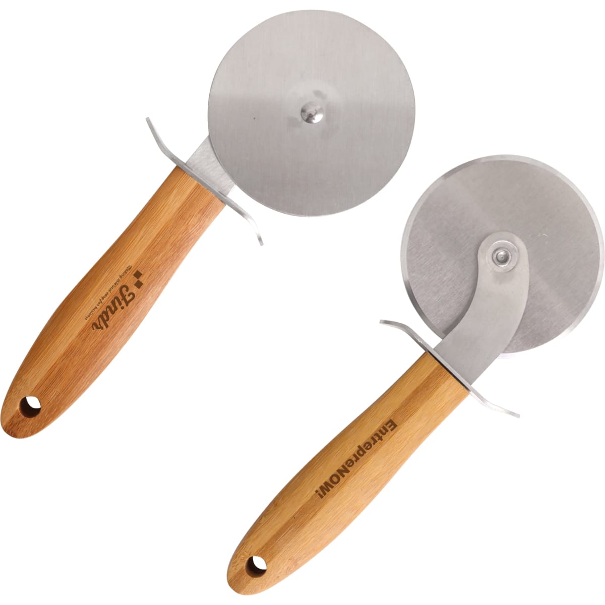 A pizza cutter wheel with a stainless steel blade and a hand-carved wooden handle. The handle features a natural finish.
