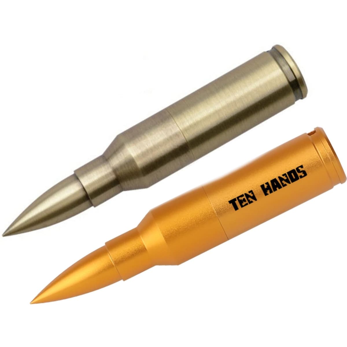 A flash drive shaped like a bullet, featuring metallic silver and gold finishes, with a logo on one side.