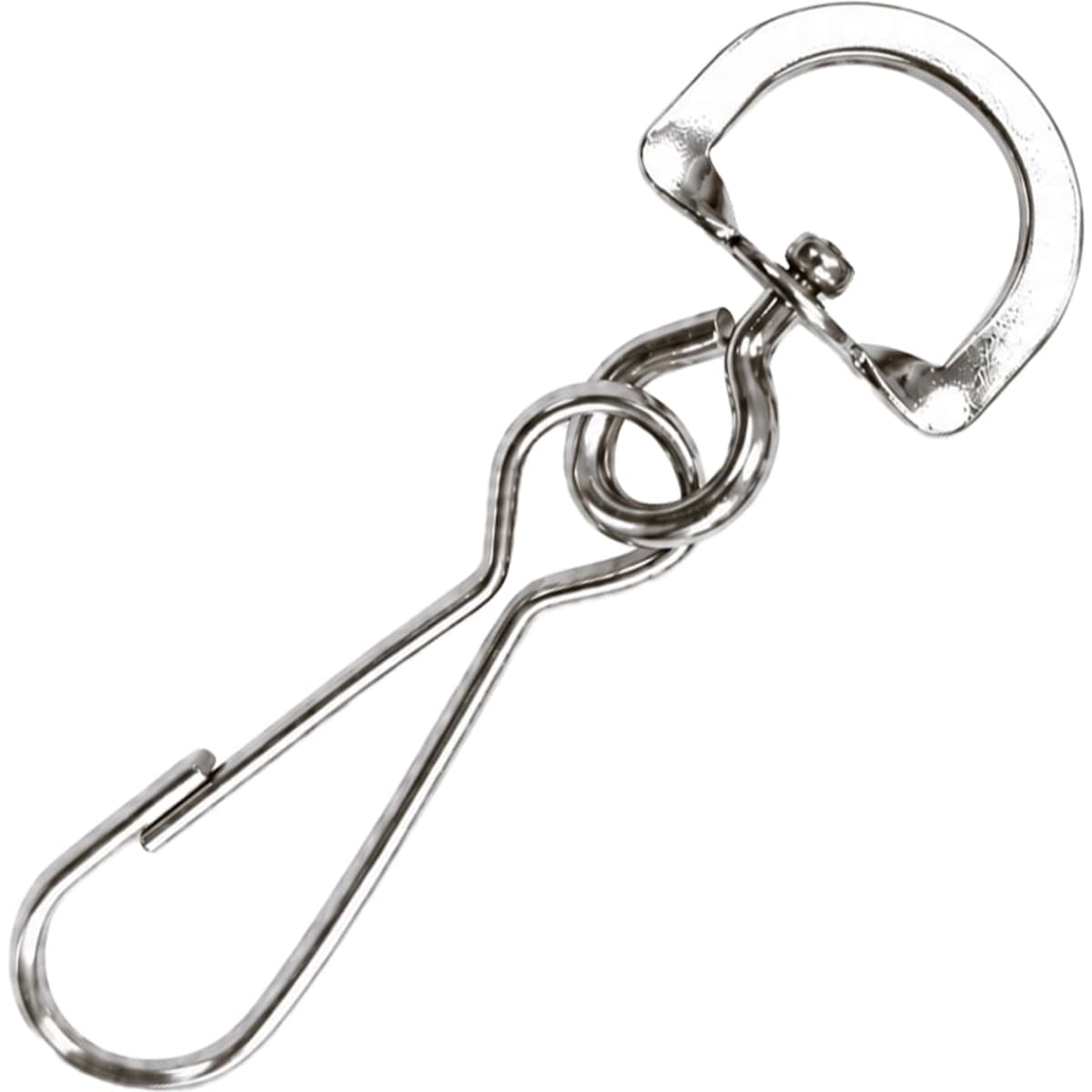 A metal lanyard clip with a spring-loaded hook, featuring a shiny silver finish and a circular cutout.
