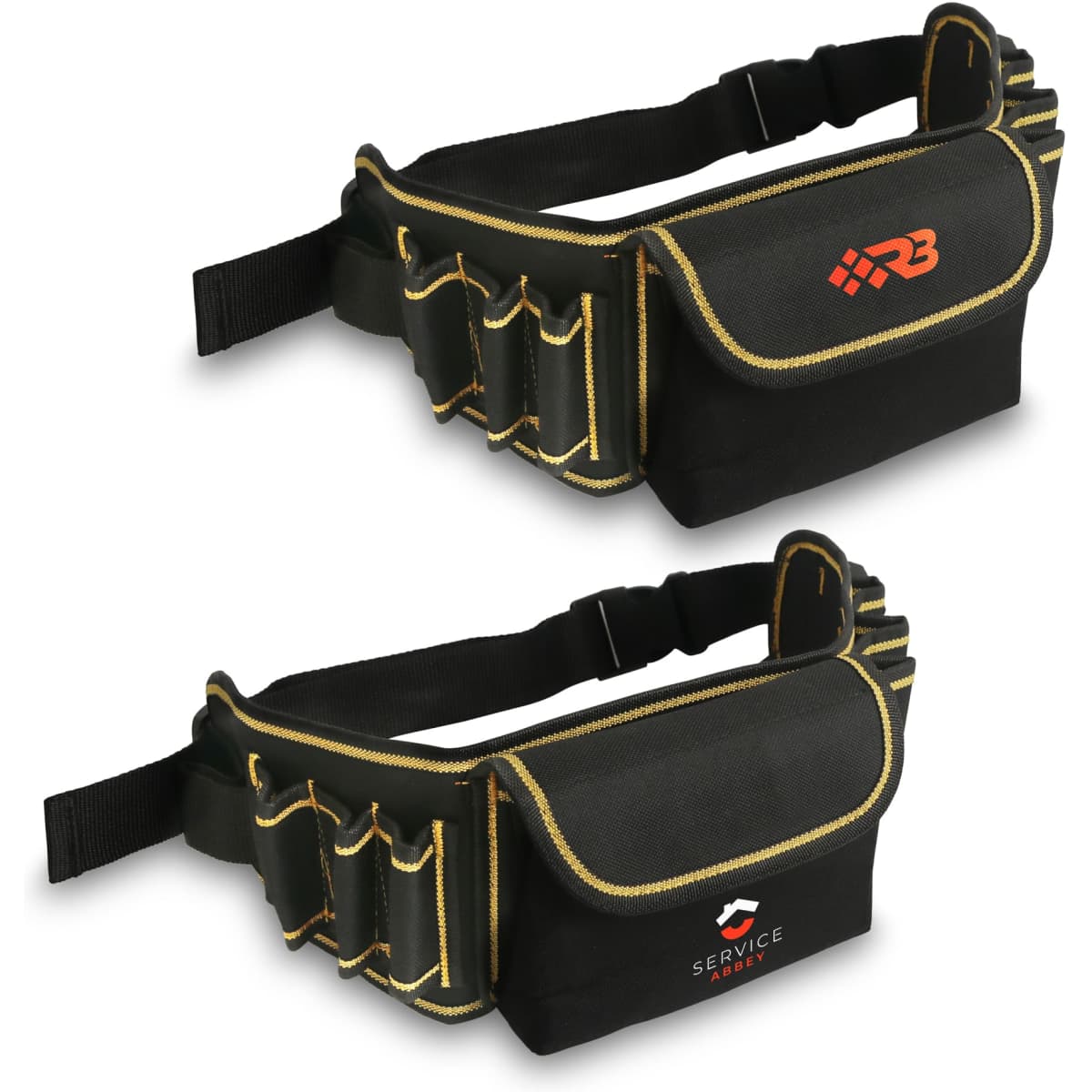 A black waist tool bag featuring orange accents and multiple pockets for tools, with two different logos on display.