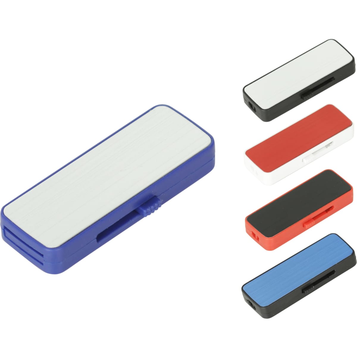 A collection of sliding flash drives in blue, red, white, and black, featuring a sleek design and logos.